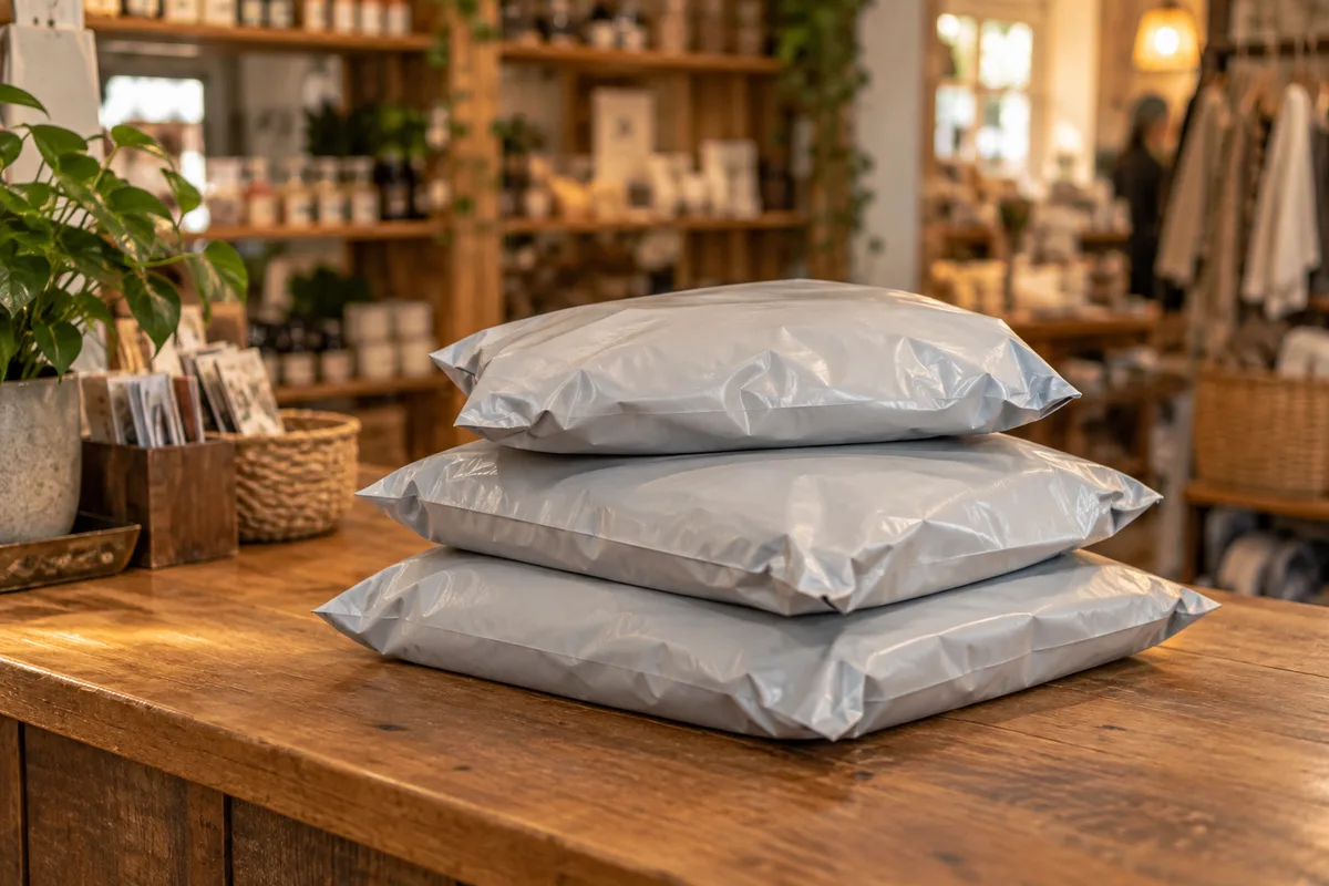 Colis souples empilés derrière le comptoir en bois d’un commerce de proximité