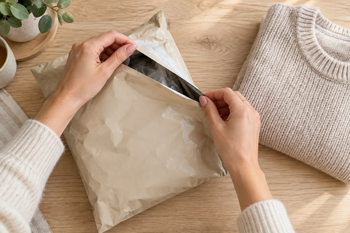Mains qui ouvrent un sachet d’expédition souple sur une table claire