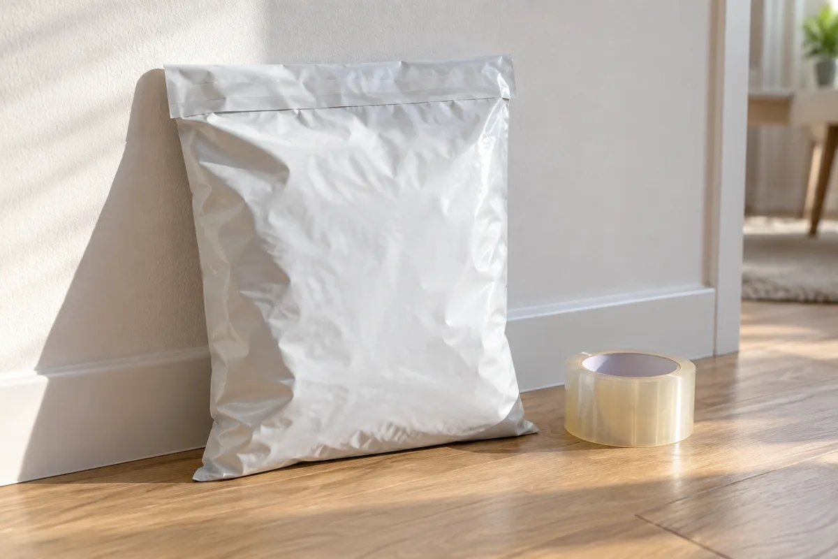Sachet d’expédition refermé et posé près d’un rouleau de ruban adhésif neutre