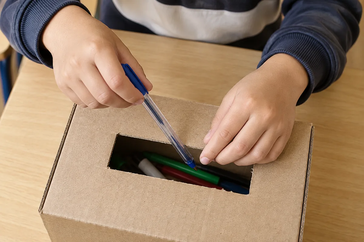 Mains d’enfant déposant un stylo usagé dans une boîte de collecte en carton