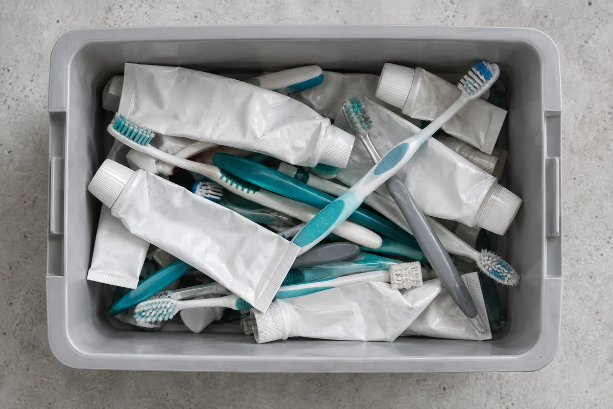 Bac de tri rempli de brosses à dents et de tubes de dentifrice vides, vu du dessus