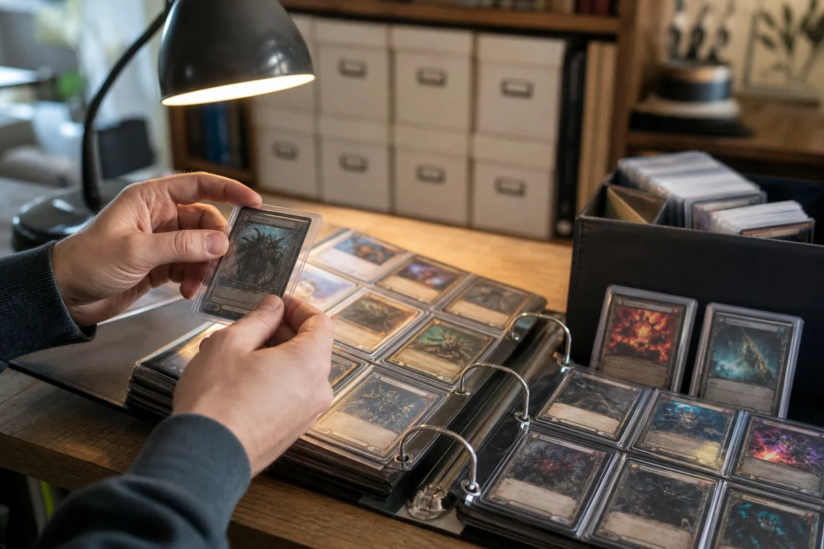 Cartes de collection sous pochettes rigides triées avant leur mise en vente