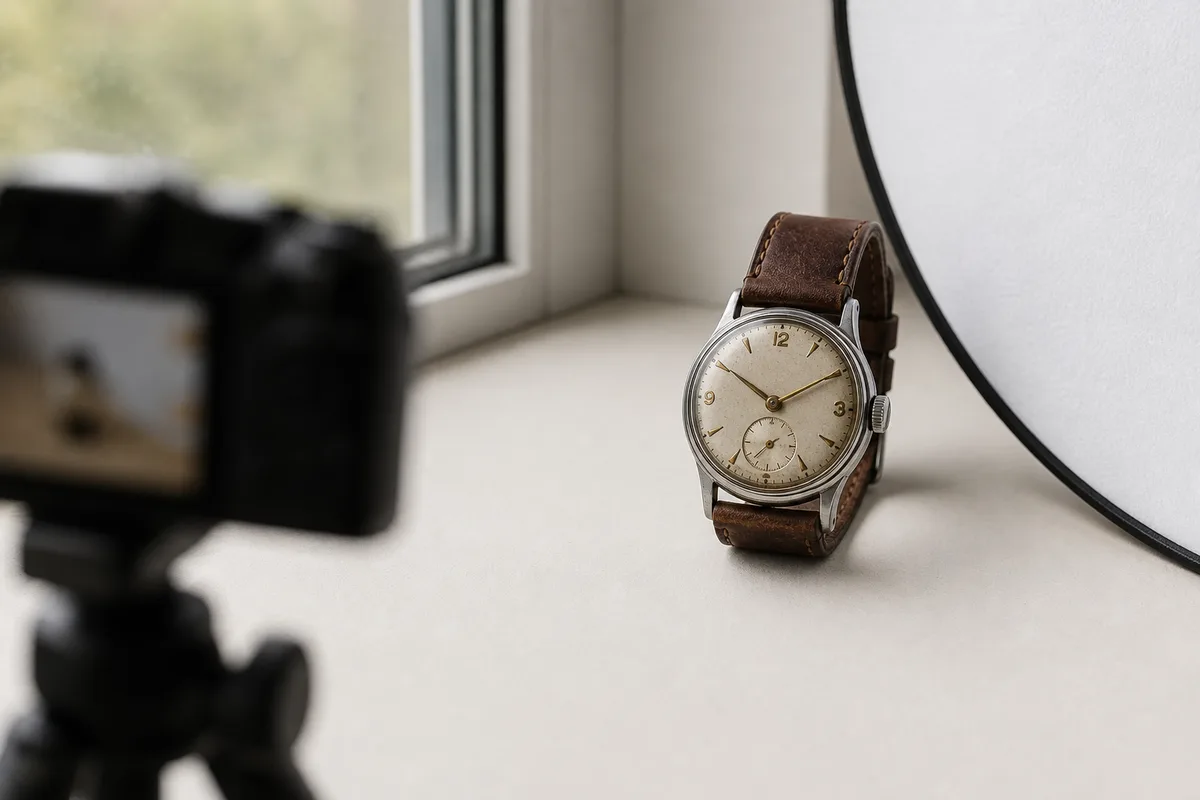 Montre de collection photographiée en lumière naturelle près d’une fenêtre