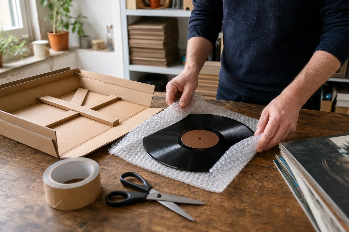 Emballage soigné d’un vinyle de collection avant expédition