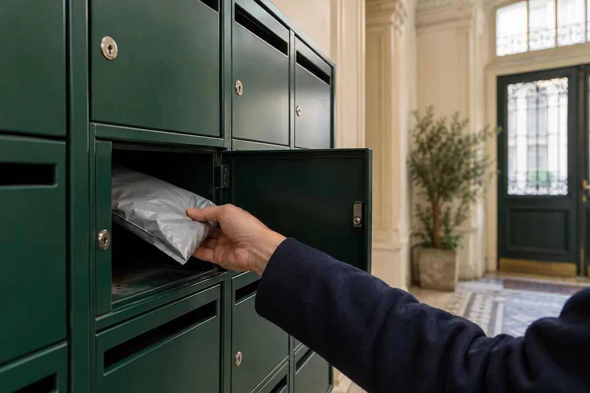 Main qui retire un petit sachet gris d&rsquo;une boîte aux lettres verte dans un hall d&rsquo;immeuble