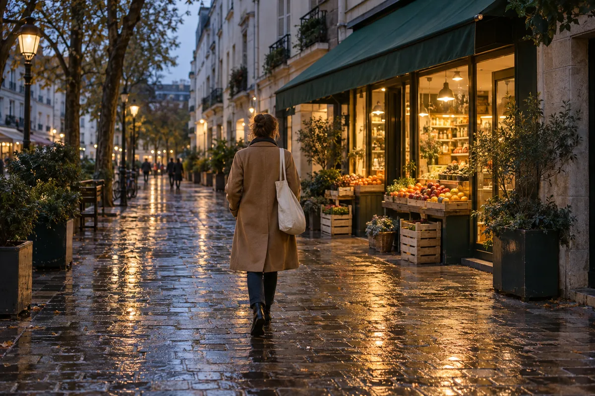 Personne de dos marchant vers une épicerie de quartier éclairée en fin de journée