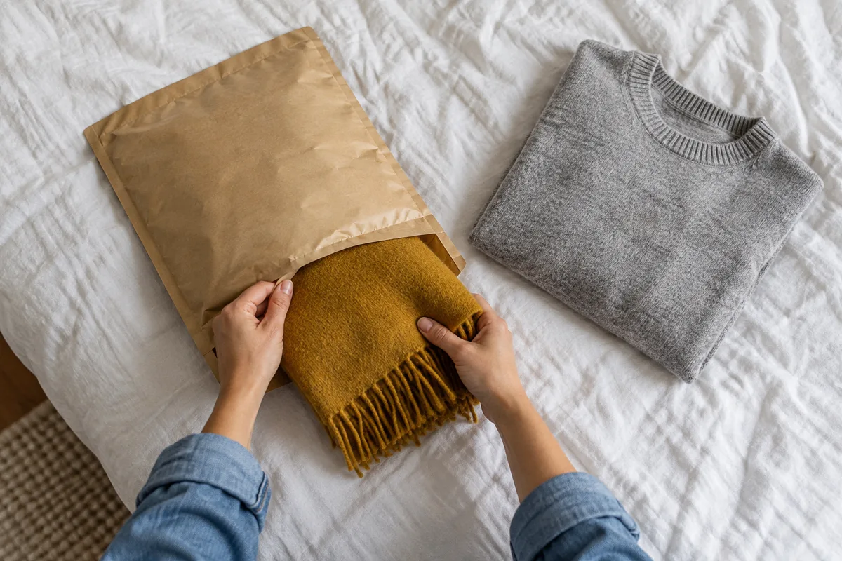 Mains glissant une écharpe pliée dans une enveloppe matelassée kraft posée sur un lit